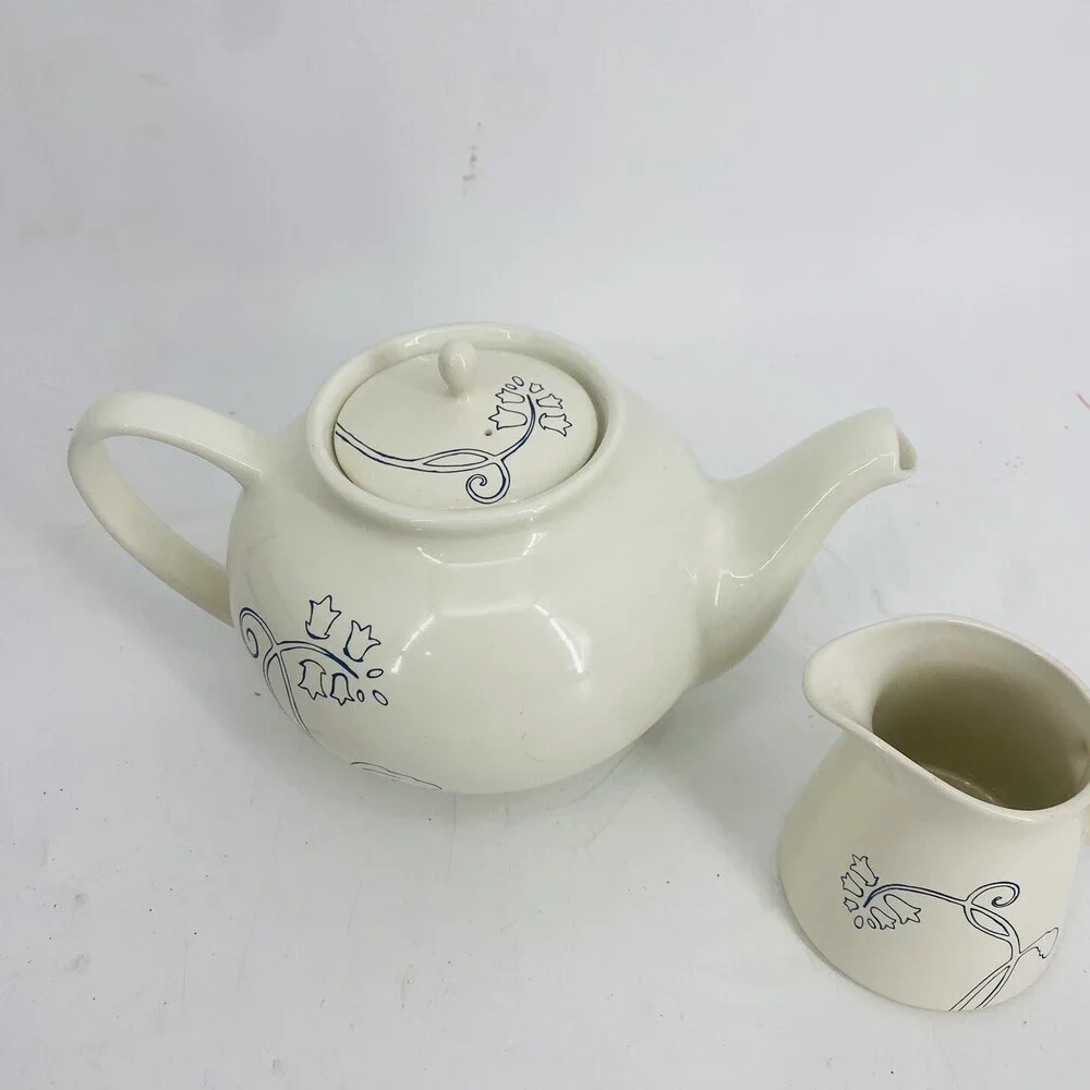 Vintage IKEA Odmjuk Teapot And Creamer Set Bone White With Navy Floral Design